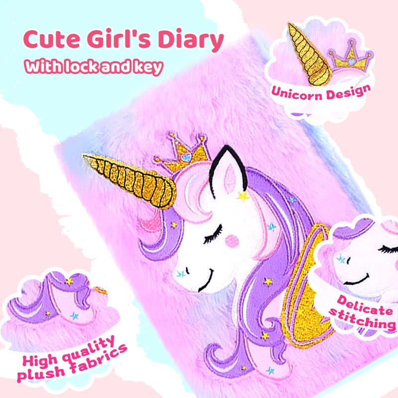 PrinBarBee Unicorn Diary with Lock for Girls Cute Plush Journal Notebook Set for Kid with Stickers Fluffy Secret Notebook for Writing and Drawing Gifts for Girls ages 6-8 - Image 2